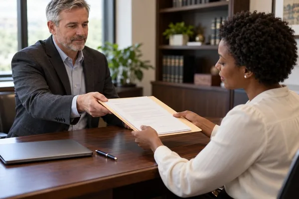 Process server handing an organized folder of service documentation to an attorney across an office desk.